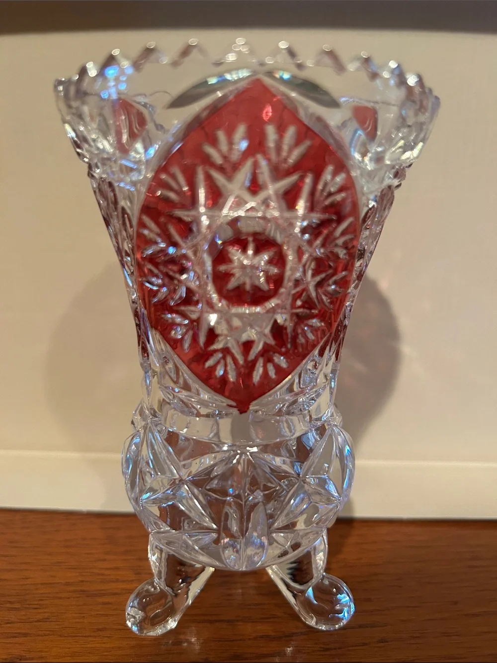Vintage 5.5” Red and Clear Cut Glass Decorative Vase -